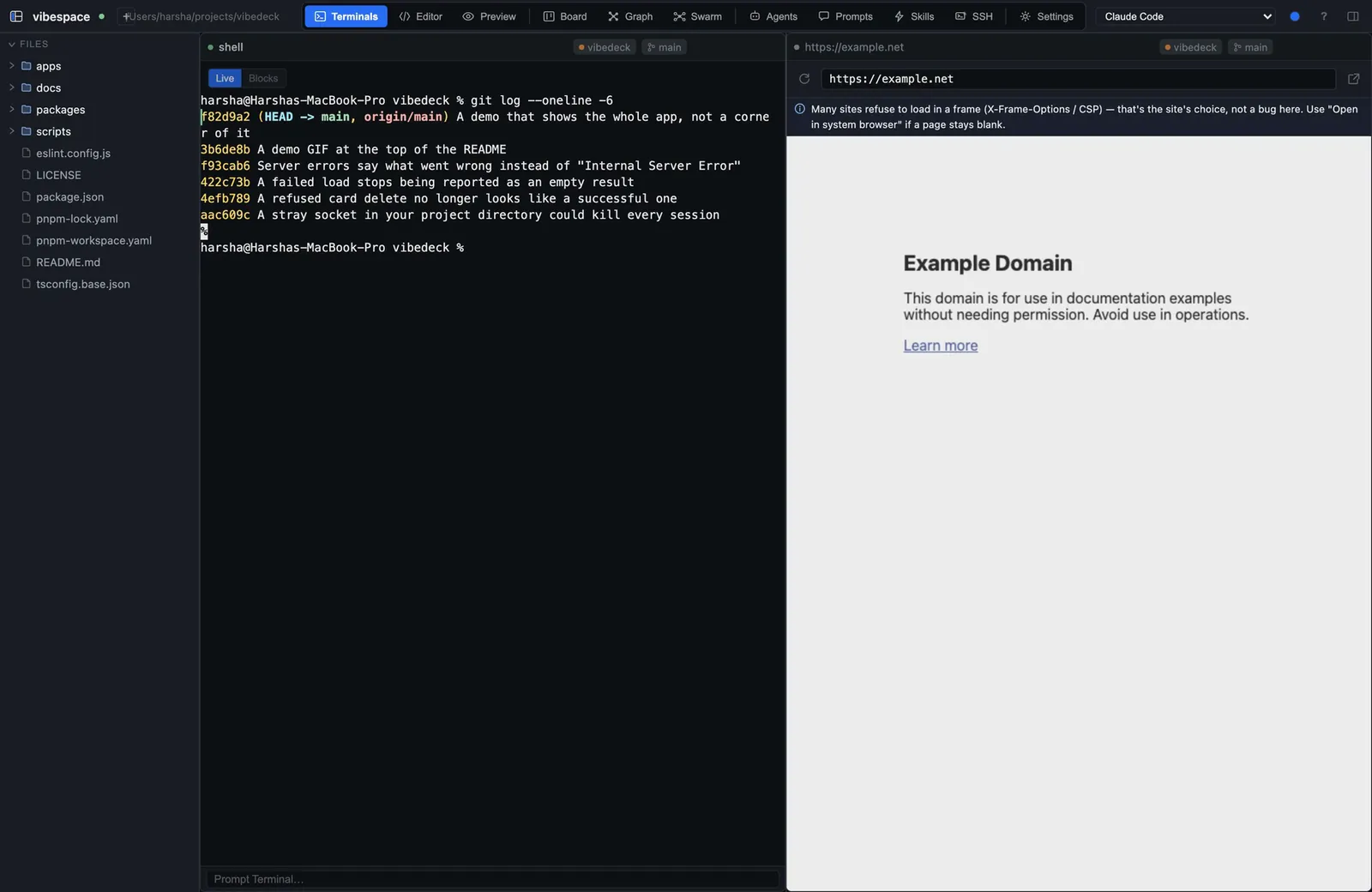 Vibespace desktop app: a real shell running git log beside a browser pane, with the file tree on the left